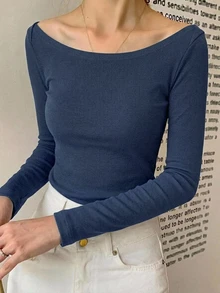 DAZY 女款大圓領修身短袖優雅T恤 灰色 春夏款 - 藍色 - 查看 1
