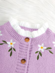SHEIN 女童針織刺繡拼色立領休閒秋季開襟衫 - 紫色 - 查看 5