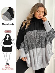 SHEIN CURVE+ كنزة نسائية مقاس كبير بألوان متباينة كاجوال للاستخدام اليومي بأكمام طويلة - متعدد الألوان - مشاهدة 1