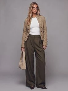 Avantive Women's Solid Color Pleated Straight Leg Loose Casual Suit Pants - Rust Brown - View 6