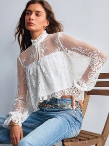 Willow Rêve Women's White Lace Semi-Sheer Stand Collar Button Long Sleeve Blouse - White - View 6