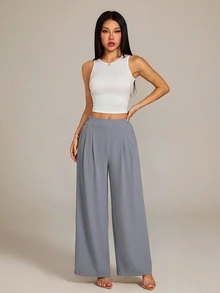 SHEIN PETITE 女款高腰純色百褶寬腿鬆身長褲，基礎休閒款，適合秋冬春季 - 淺灰色 - 查看 4