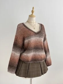 Elamini 女款寬鬆休閒百搭V領漸層日常通勤套頭針織衫 - 彩色 - 查看 3
