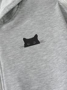 SHEIN Genkimix Kids 女童貓咪圖案拉鍊連帽外套與寬腿運動長褲2件套，休閒寬鬆運動休閒服 - 灰色 - 查看 8