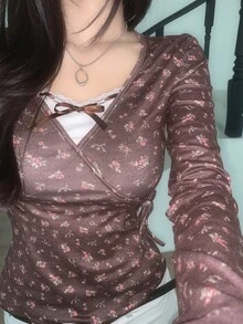 DAZY Floral Patchwork Colorblock 2 In 1 Diagonal Collar Tie-Up Long Sleeve Casual Vacation Korean Style Girl Daily Versatile Spring Autumn Top Women's T-Shirt - Brown - View 8
