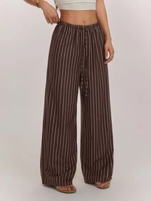 SHEIN PETITE Brown Striped Straight-Leg Trousers For Petite Women – Loose, Casual, And Suitable For Work. - Brown - View 4
