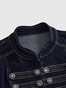 ROMWE Grunge Punk 夏季音樂節穿搭復古龐克風海軍藍鈕扣設計短版牛仔背心上衣 - 藏蓝色 - 查看 3