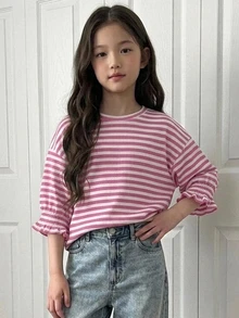 DAZY Tween女孩杏色針織條紋短袖圓領秋季燈籠袖寬鬆T恤 - 粉色 - 查看 4