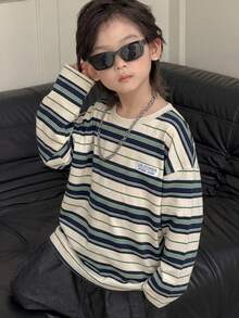 Dazy Kids 男童休閒條紋基本款長袖秋季T恤 - 寶藍色 - 查看 4