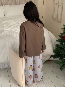 Dazy Kids 女童秋季圓領針織長袖T恤＋長褲居家休閒套裝 - 摩卡棕 - 查看 2