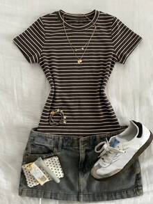 Dazy Kids Casual Striped Slim Fit Short Sleeve T-Shirt Top For Tween Girls - Khaki - View 3