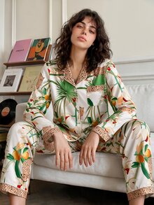 Chillnights Set Piyama Wanita Motif Leopard & Botanis untuk Liburan, Lengan Panjang, dan Celana Panjang dengan Kerah. - MultiWarna - View 5