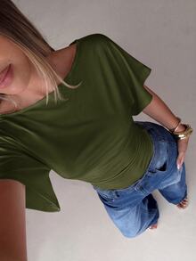 Aloruh Damen Herbst Neu Aprikose Elegant Sexy Süß Mode Lässig Täglich Pendeln Date Abendessen Fledermausärmel Tailliert Slim Fit Bodysuit - Armeegrün - Übersicht 7