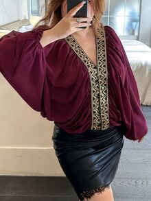 Vibekara Plus Size Purple Batwing Sleeve Shirt With Lace Trim Placket, Casual And Comfortable For Early Autumn - Red Violet - View 5