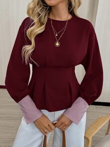 Easowa 女款甜美休閒百褶腰褶皺下擺襯衫 感恩節 辦公商務 波爾多紅 秋季 - 酒紅色 - 查看 4