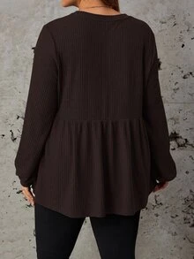 SHEIN LUNE 大尺碼女款素色百褶休閒日常長袖T恤 - 咖啡棕 - 查看 2