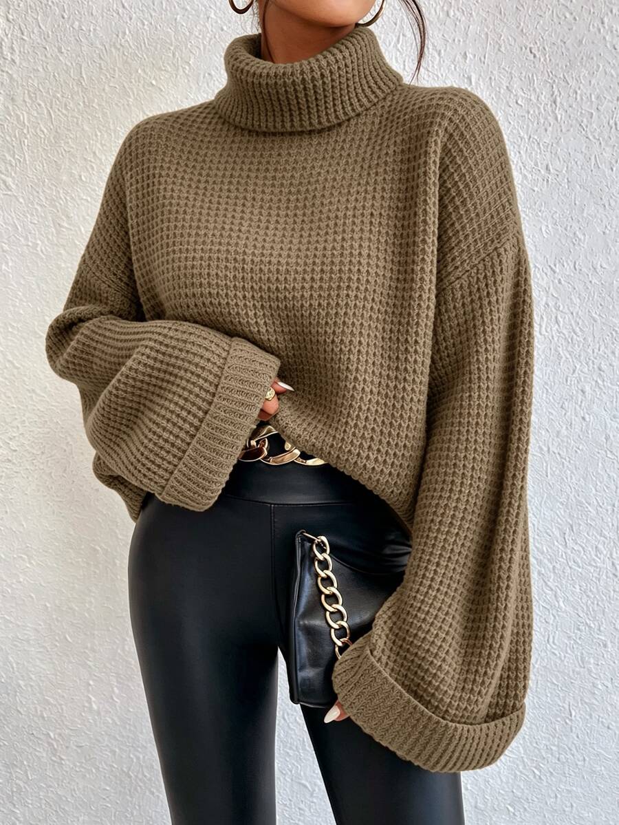 Trelyra Women's Solid Color High Neck Drop Shoulder Long Sleeve Casual Pullover Sweater - Coffee Brown - View 1