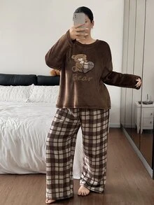 Napfluff CURVE Napfluff CURVE Cute Cartoon Bear Plush Home Wear, Fashion Plaid Casual Pajama 2 Pieces Set - Brown - View 4