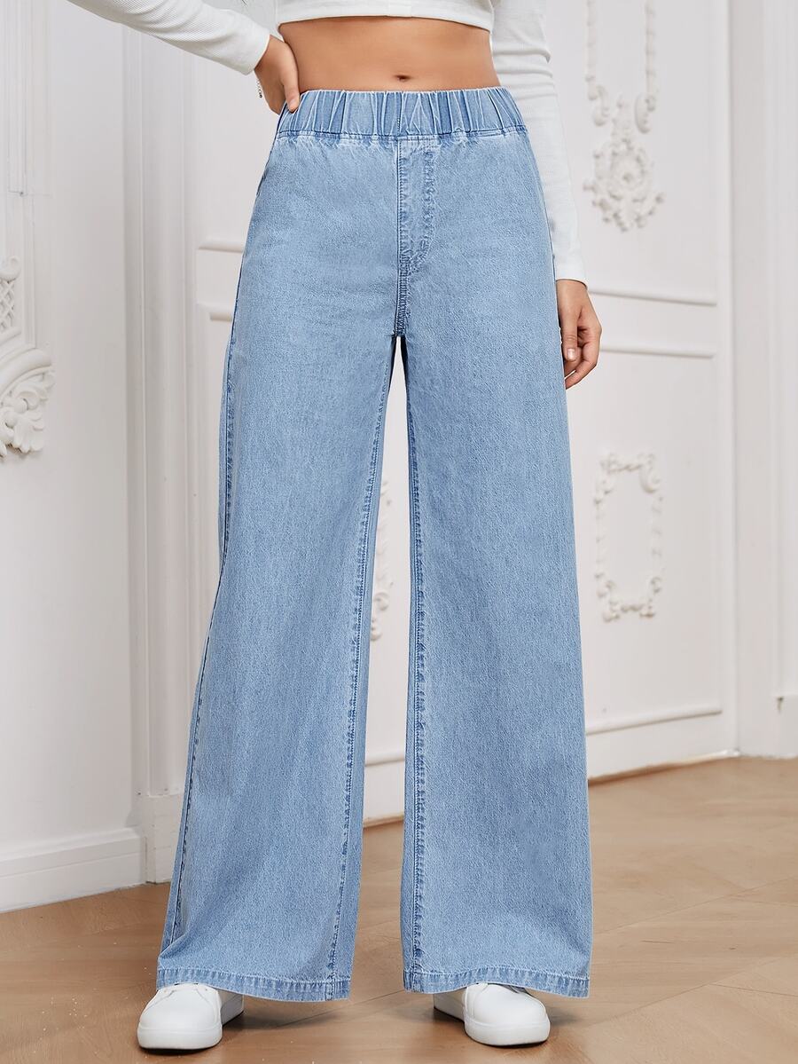 SHEIN Essnce 女款彈性腰休閒日常牛仔褲 - 淺色水洗藍 - 查看 1