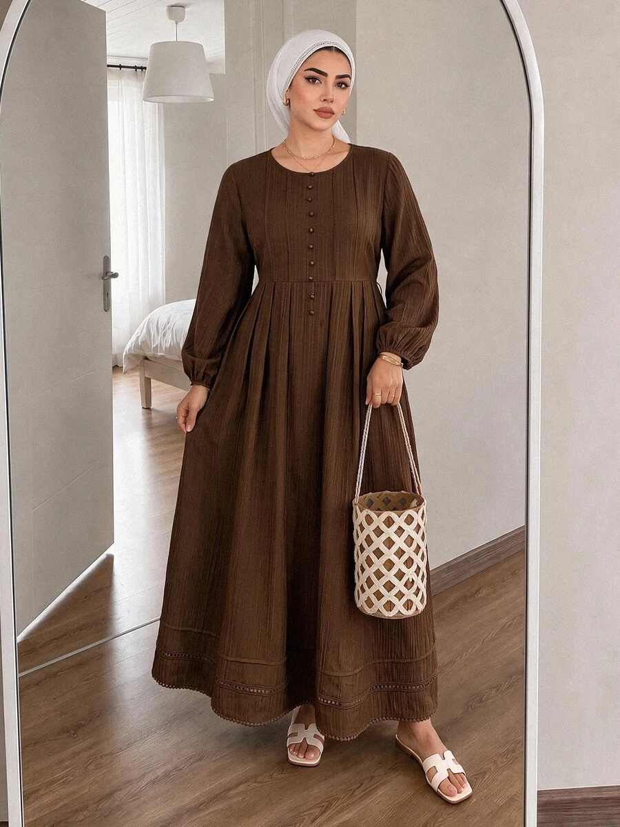 Solavon Plus Size Women's Solid Color Pleated Casual Party Arabian Dress - Camel - View 1