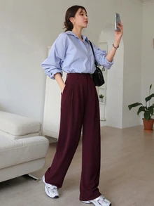DAZY 女款純色直筒口袋長褲，極簡百搭通勤西裝褲 - 咖啡棕 - 查看 3
