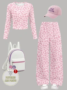 Young Girls Autumn Casual Fresh Pink Sword Pony Foundation Leopard Print Patchwork White Pattern Slim Fit Long Sleeve T-Shirt And Wide Leg Pants Set - Multicolor - View 3