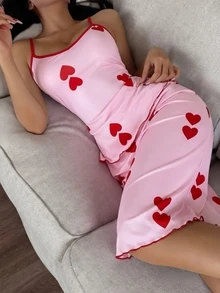 Miss Vinta 女款對比滾邊愛心印花V領細肩帶上衣與七分褲睡衣套裝 - 粉色 - 查看 3