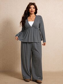 Elaquor Plus Size Striped Colorblock Long Sleeve Top And Loose Pants 2 Pieces Set Casual Daily Going Out Sets For Women Fall/Winter Casual Office Striped Set - Dark Grey - View 4