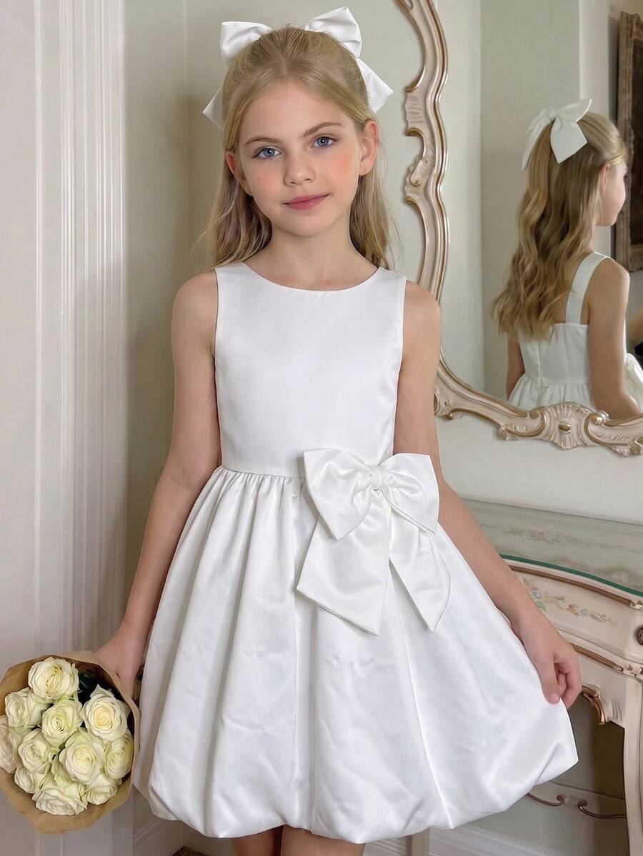 Tween Girl Gentle Bow Decor Dress For Wedding Flower Girl - White - View 1