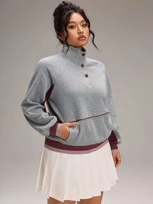 EMERY ROSE Plus Size Women's Colorblock Raglan Long Sleeve Button Half-Placket Casual Sweatshirt - Grey - View 5