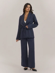 SHEIN Tall Women Fashion Striped Wrap Jacket And Casual Pants 2 Pieces Set, Office Business Commute Suit, Grey In Fall/Winter - Navy Blue - View 4