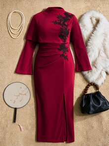 EastFlair Plus Size Women's Elegant 2 Pieces Set With Stand Collar Applique Decorated Shawl And Split Hem Dress - Burgundy - View 4