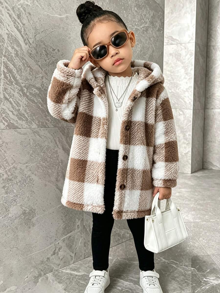 Elladie kids 女童 4-8 歲夾克,米棕色格紋柔軟絨毛連帽外套,適合秋冬、戶外活動、上學 - 棕色 - 查看 1