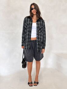 BAD SUNDAY Autumn/Winter Women's Plaid Frayed Hem Oversized Shirt Y2K Millennium Style Hot Girl - Black - View 3