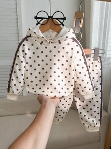 SHEIN 女嬰針織波點連帽休閒衛衣與長褲 2 件套 秋冬款 - 杏色 - 查看 1