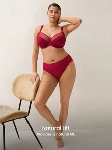 LUVLETTE Plus Unlined Full Coverage Side Support Christmas Red Mesh Sheer Basic Breezy Comfort Minimizer Women Lingerie Intimates Bra - Red - View 11