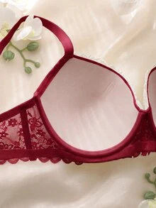 DelicateAllure Underwire Molded Cup High Support Push Up Lift Comfy Balconette Lace Trim Mesh Patchwork Pure Romantic Elegant Exquisite Plus Size Bra - Red - View 6