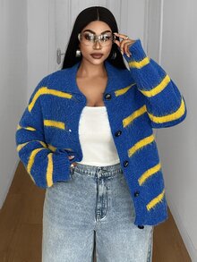 Maweii Plus Size Women's Striped Cardigan Sweater With Turn Collar Button Casual Colorblock Jacket - Blue - View 3