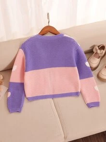 Tween Girls Heart Colorblock Knit Cardigan V-Neck Short Contrast Heart Pattern Sweater Jacket, Stylish Autumn/Winter Knit Top For Girls, Suitable For Daily Wear, School, Travel, Vacation, Party And Photo Shoots - Purple - View 2