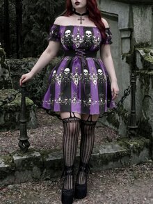 Whyspr Gaun Ukuran Plus Terbaru untuk Halloween, Model A-Line dengan Motif Tengkorak, Bahu Terbuka, Patchwork Renda, dan Potongan Pinggang yang Mengencangkan. - MultiWarna - View 5
