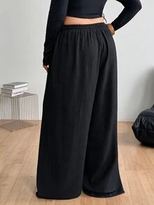 Coolane 女款大尺碼夏秋度假優雅正式休閒波西米亞風抽繩腰鬆身長褲 高腰巧克力黑 - 黑色 - 查看 6
