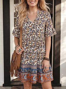 Wildy BOHO 熱帶休閒西式鄉村遊牧風女款夏季日常基礎穿搭短袖印花短洋裝 米色 野餐度假 - 藍色 - 查看 8