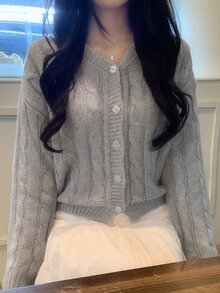 DAZY Solid Color Loose V-Neck Long Sleeve Casual Vacation Korean Style Autumn/Winter Knit Sweater For Women - Grey - View 8