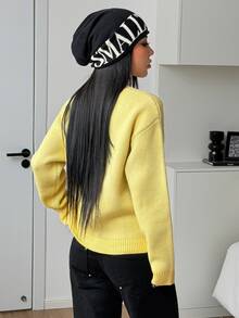 SHEIN HypeZone Minimalist Street Style Women's Autumn/Winter Yellow Long Sleeve Letter Print Slim Fit Knit Sweater Top - Yellow - View 2
