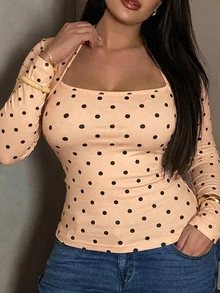 Dazy Plus 彈性修身時尚波點方領短袖百搭休閒白色大尺碼女款春夏T恤 - 咖啡棕 - 查看 3