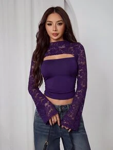 SHEIN PETITE 女款性感短版蕾絲鏤空上衣 - 紫色 - 查看 6