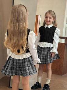 SHEIN Young Girl Ribbed Knit Sweater Vest With Cable Texture, Elegant & Cute, High Quality, Warm & Soft - Black - View 2