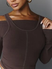 NYA SZN Project NYA Top Long Sleeve Layered Cold Shoulder Everyday Luxury Club Rave Classic Sexy Basic Chic Casual Festival Going Out Brown Neutral Fall Winter - Coffee Brown - View 6