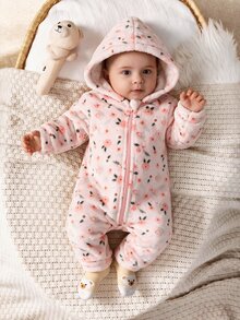 SHEIN 新生兒男嬰/女嬰可愛秋冬休閒白色毛茸茸卡通熊圖案連帽連身衣居家服 - 淺粉色 - 查看 3