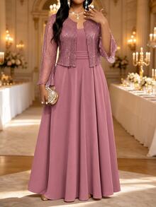 Fleurora Women's Plus Size Minimalist Elegant Party Dress Long Spaghetti Strap Dress And Sequin Sheer Bell Sleeve Cover-Up Two Pieces Set Fall - Dusty Pink - View 3